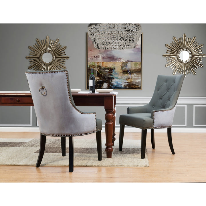 Gideon 2 Pc. Dining Side Chair PU Leather Velvet Polished Brass Nailheads Espresso Finished Wooden Legs Image 1