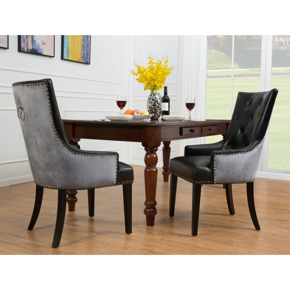 Gideon 2 Pc. Dining Side Chair PU Leather Velvet Polished Brass Nailheads Espresso Finished Wooden Legs Image 2