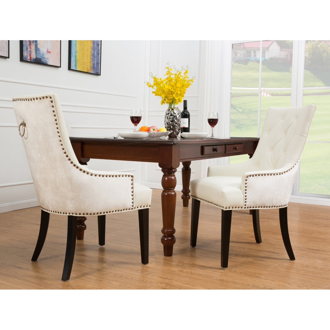 Gideon 2 Pc. Dining Side Chair PU Leather Velvet Polished Brass Nailheads Espresso Finished Wooden Legs Image 5