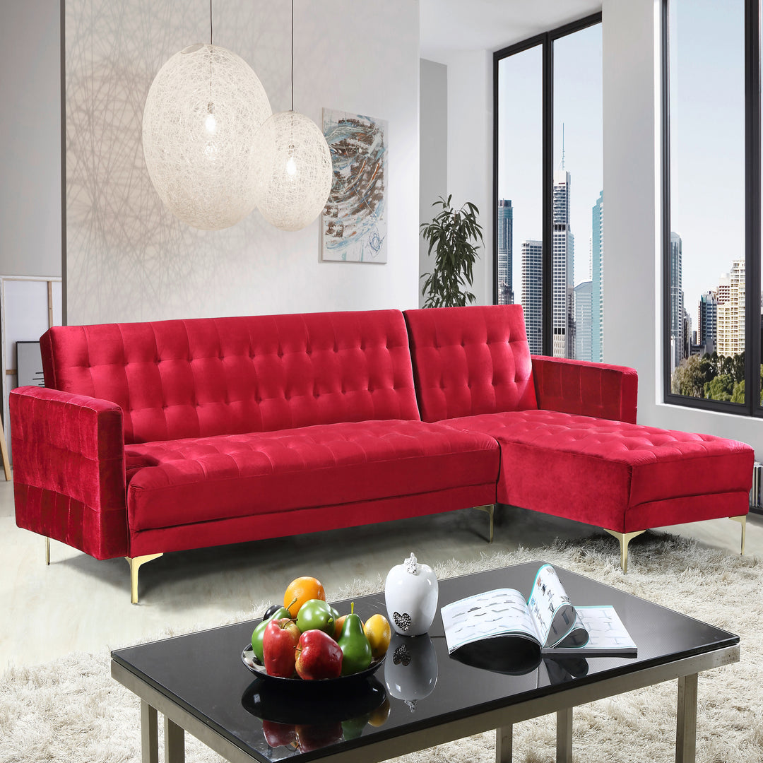 Gerwyn Right Facing Convertible Sectional Sofa Velvet Upholstered Gold Tone Metal Y-Leg Image 3