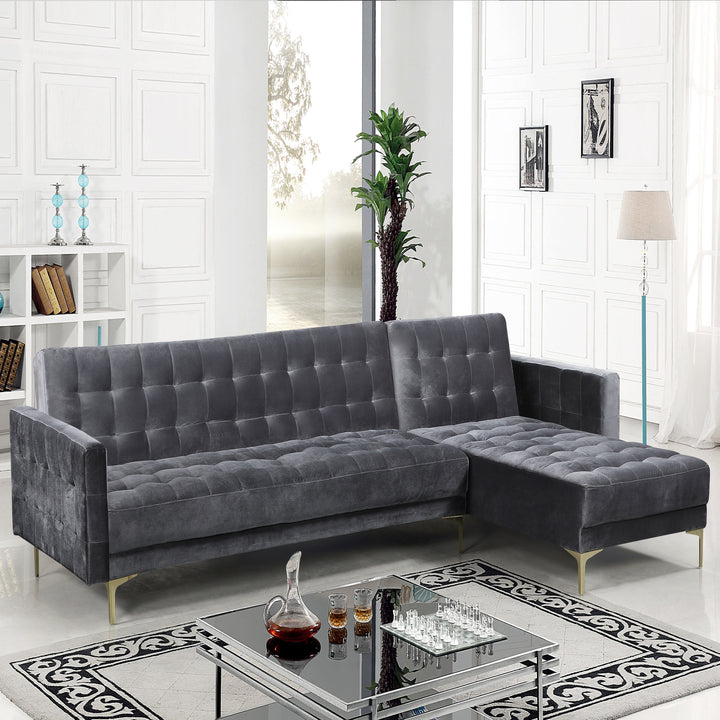 Gerwyn Right Facing Convertible Sectional Sofa Velvet Upholstered Gold Tone Metal Y-Leg Image 1