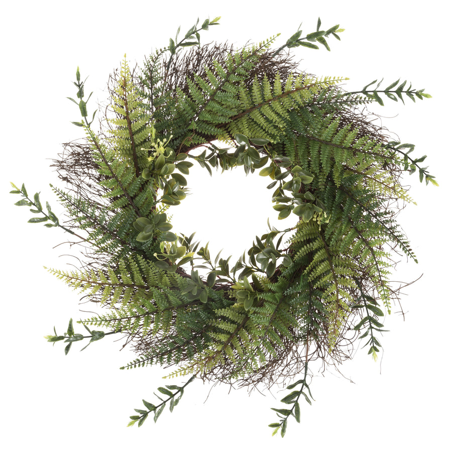 21 Inch Wreath Fern with Blossoms Outdoor Artificial Greenery UV Resistant Image 1