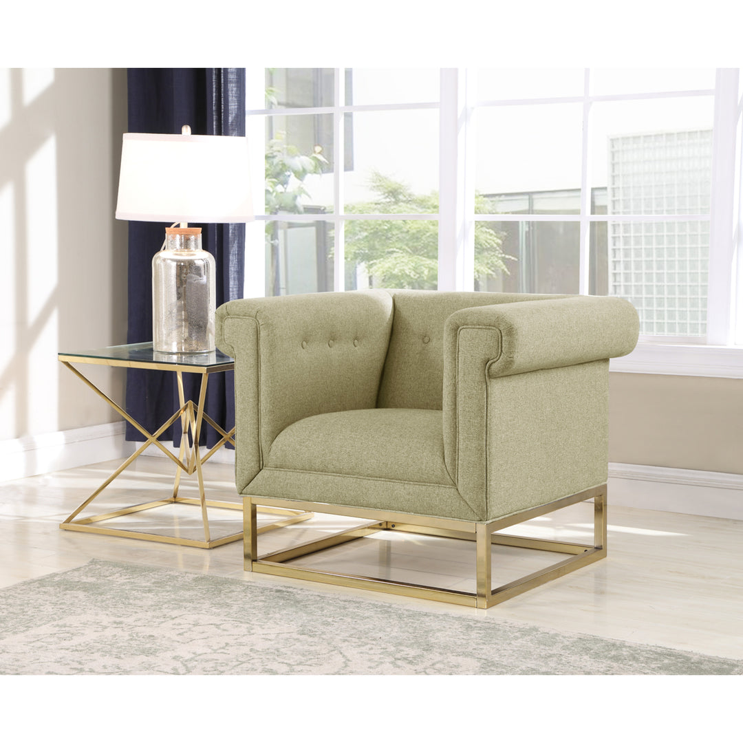 Cassandra Accent Club Chair Button Tufted Linen-Textured Plush Cushion Brass Finished Brushed Metal Base Frame Image 1