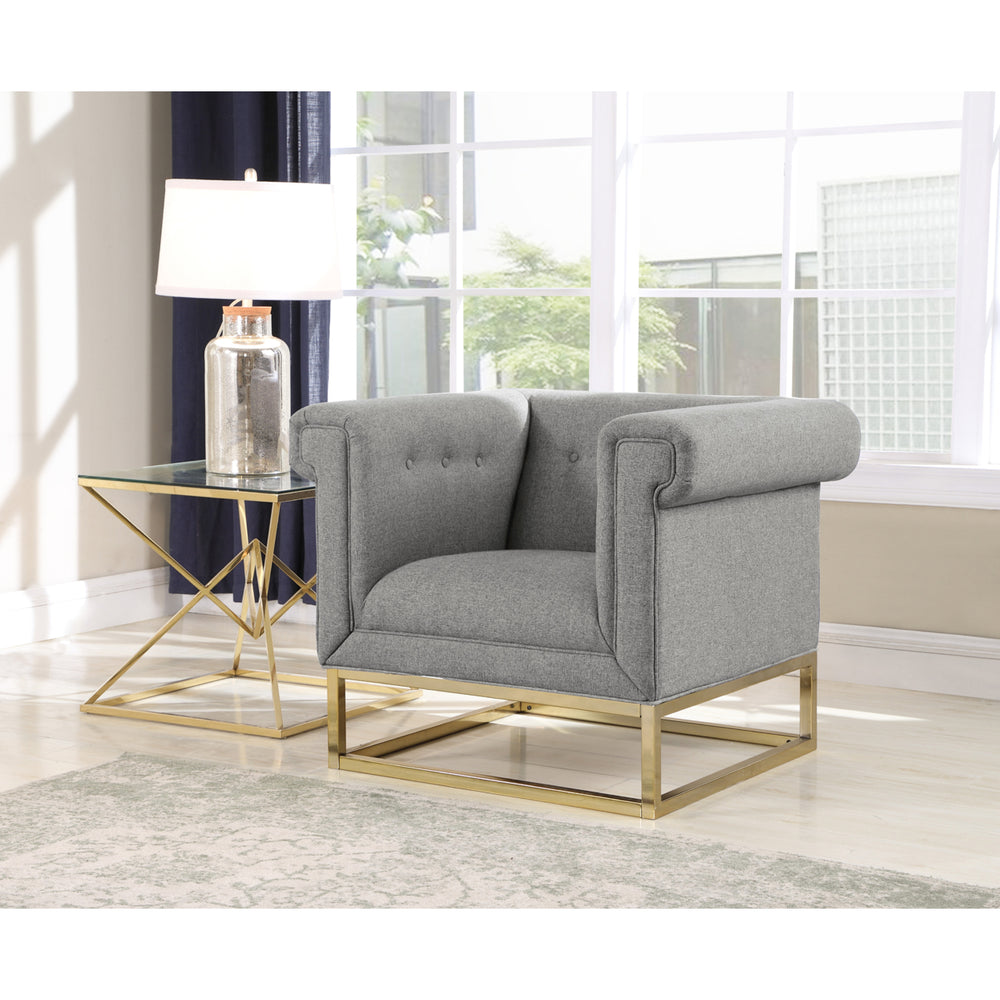 Cassandra Accent Club Chair Button Tufted Linen-Textured Plush Cushion Brass Finished Brushed Metal Base Frame Image 2