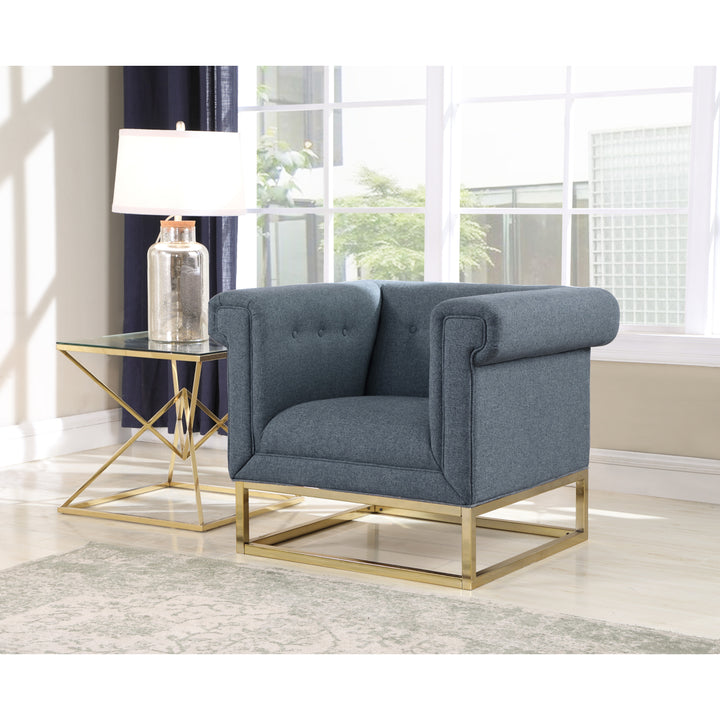 Cassandra Accent Club Chair Button Tufted Linen-Textured Plush Cushion Brass Finished Brushed Metal Base Frame Image 3