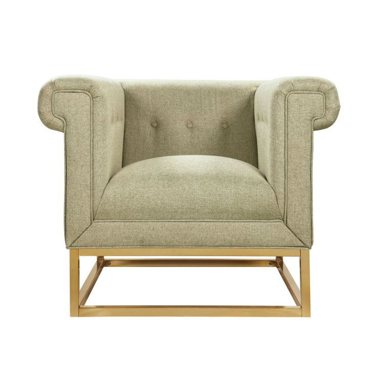 Cassandra Accent Club Chair Button Tufted Linen-Textured Plush Cushion Brass Finished Brushed Metal Base Frame Image 4