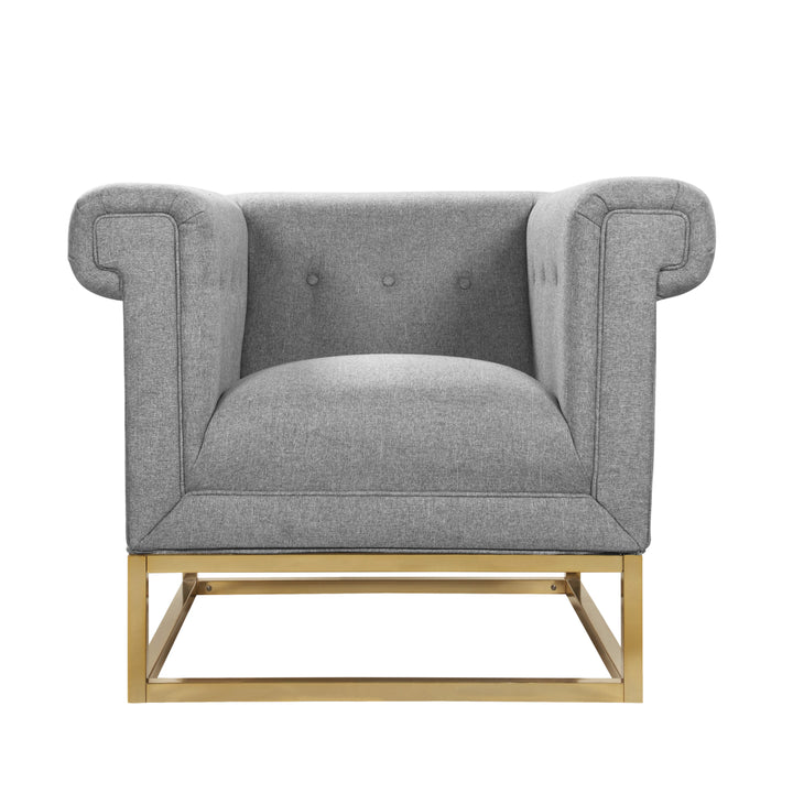 Cassandra Accent Club Chair Button Tufted Linen-Textured Plush Cushion Brass Finished Brushed Metal Base Frame Image 5
