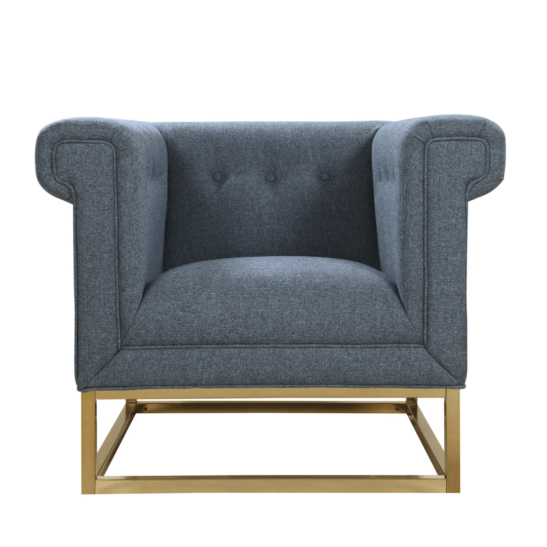 Cassandra Accent Club Chair Button Tufted Linen-Textured Plush Cushion Brass Finished Brushed Metal Base Frame Image 6