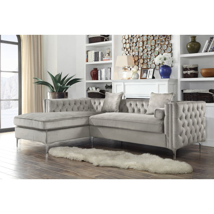 Picasso Velvet Left Facing Sectional Sofa Button Tufted with Silver Nailhead Trim Silvertone Metal Y-leg Image 7