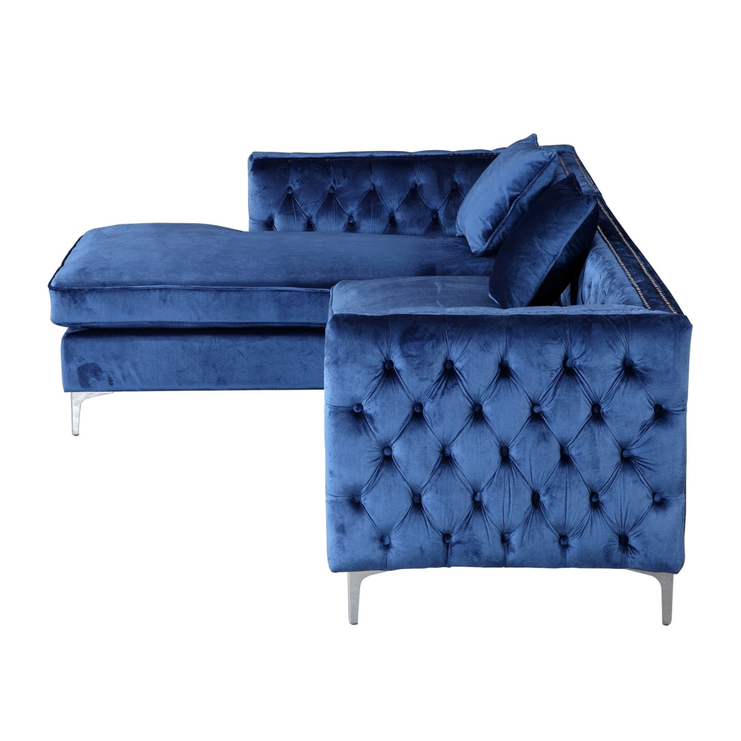 Picasso Velvet Left Facing Sectional Sofa Button Tufted with Silver Nailhead Trim Silvertone Metal Y-leg Image 8