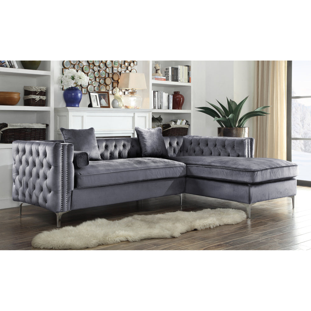 Picasso Velvet Right Facing Sectional Sofa Button Tufted with Silver Nailhead Trim Silvertone Metal Y-leg Image 2