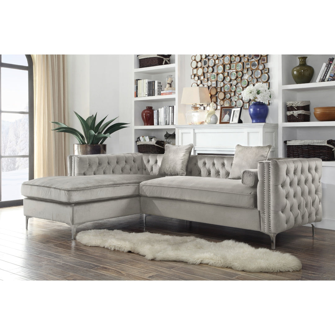 Picasso Velvet Right Facing Sectional Sofa Button Tufted with Silver Nailhead Trim Silvertone Metal Y-leg Image 5