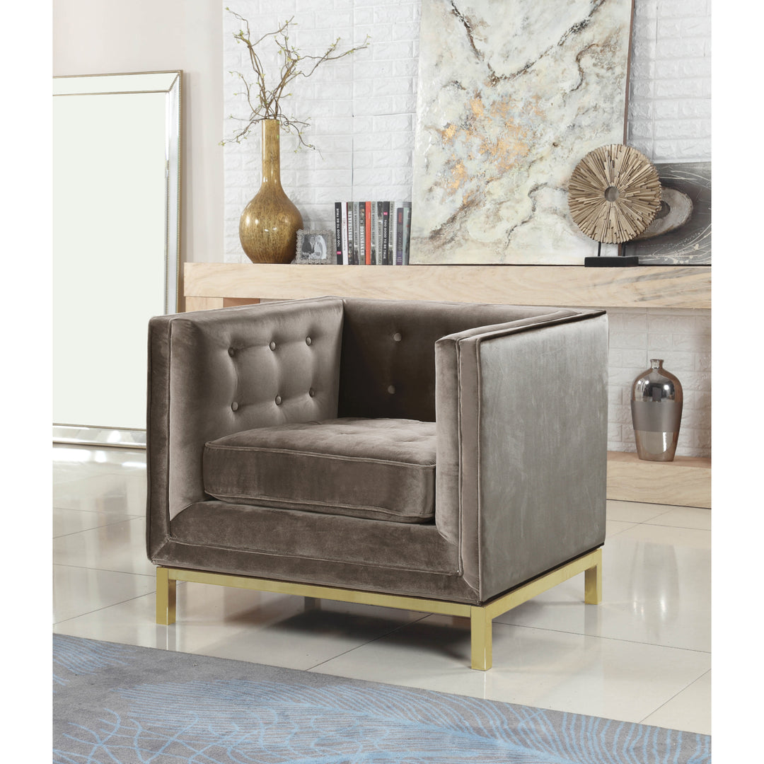 Vigan Accent Club Chair Velvet Plush Cushion Brass Finished Stainless Steel Brushed Metal Frame Image 4