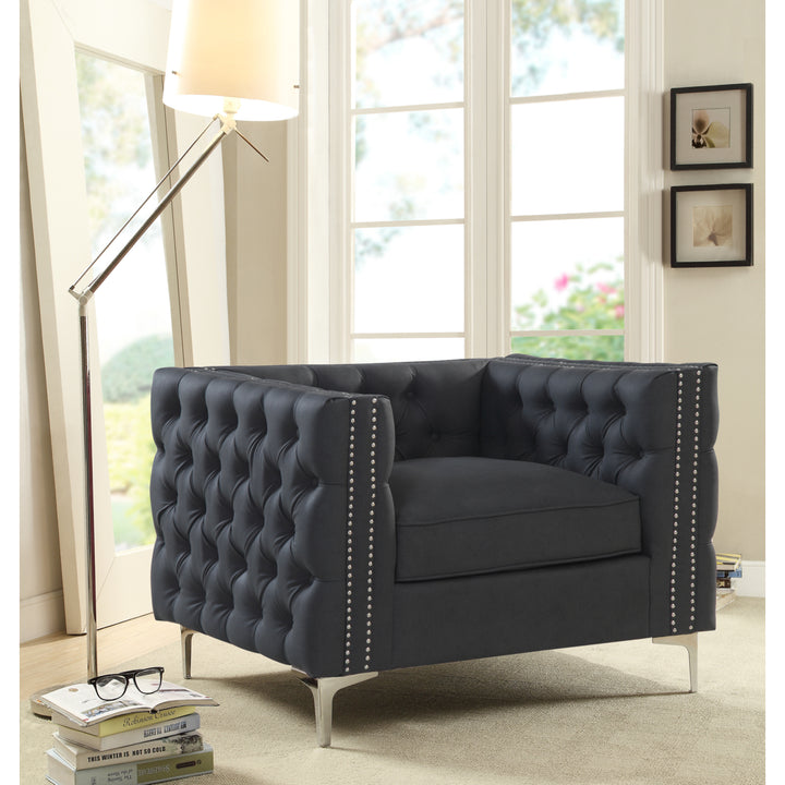 Picasso PU Leather Modern Contemporary Button Tufted with Silver Nailhead Trim Silvertone Metal Y-leg Club Chair Image 1