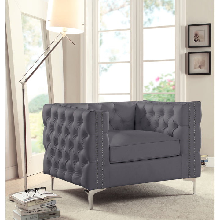 Picasso PU Leather Modern Contemporary Button Tufted with Silver Nailhead Trim Silvertone Metal Y-leg Club Chair Image 3