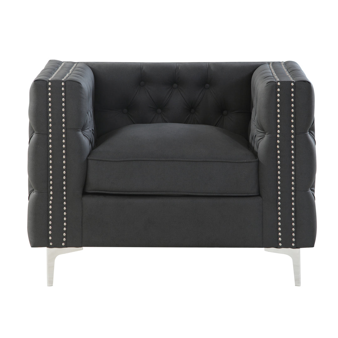 Picasso PU Leather Modern Contemporary Button Tufted with Silver Nailhead Trim Silvertone Metal Y-leg Club Chair Image 4