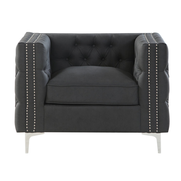 Picasso PU Leather Modern Contemporary Button Tufted with Silver Nailhead Trim Silvertone Metal Y-leg Club Chair Image 4