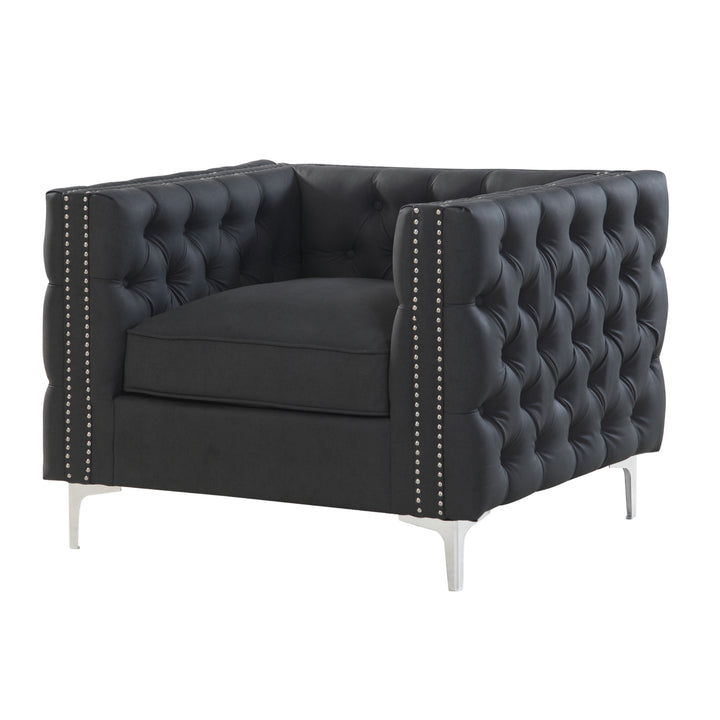 Picasso PU Leather Modern Contemporary Button Tufted with Silver Nailhead Trim Silvertone Metal Y-leg Club Chair Image 5