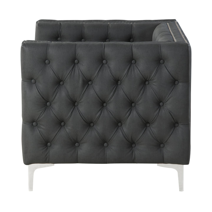 Picasso PU Leather Modern Contemporary Button Tufted with Silver Nailhead Trim Silvertone Metal Y-leg Club Chair Image 7