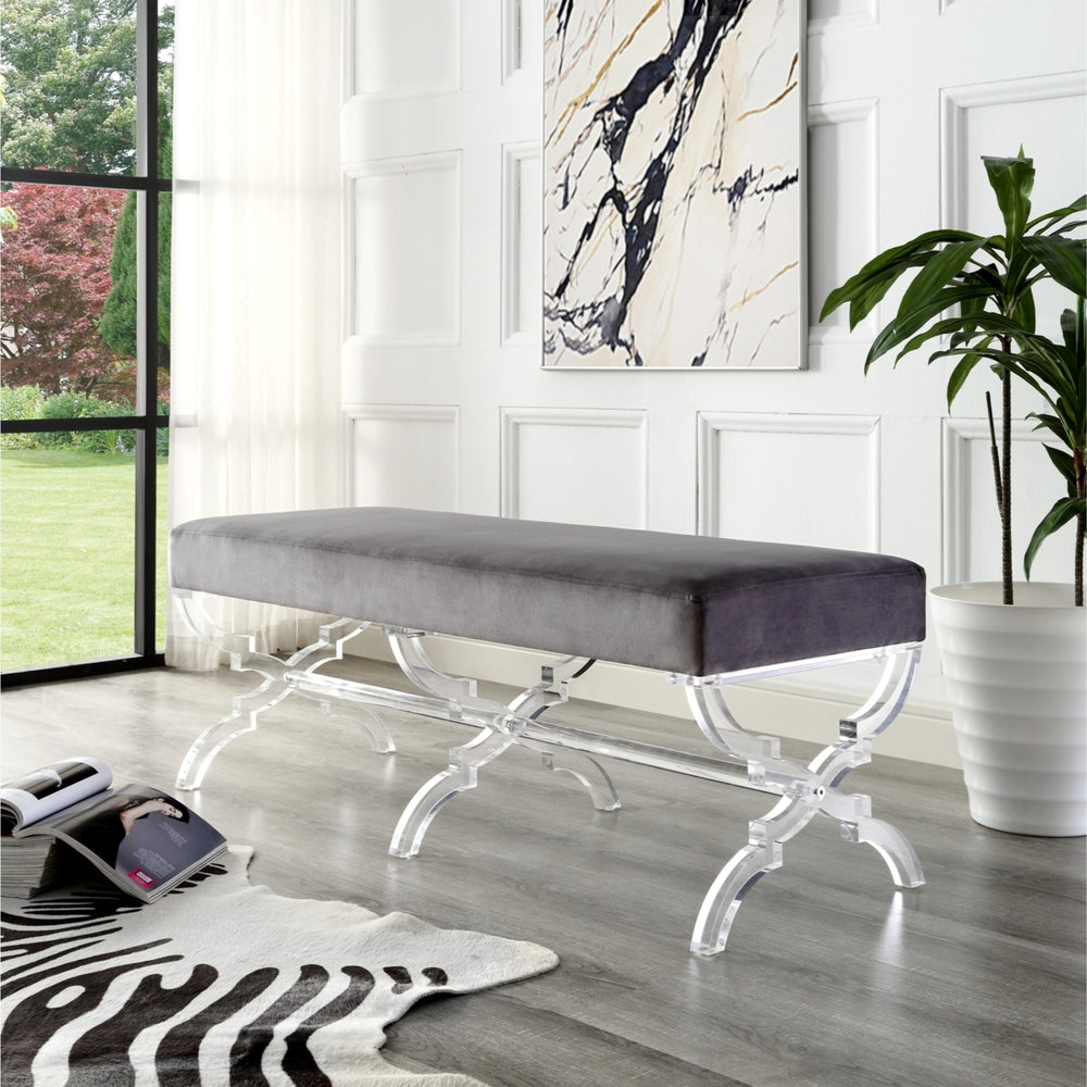 Laris Velvet Upholstered Bench-Modern Acrylic X-Leg-Living Room, Entryway, Bedroom-Inspired Home Image 2
