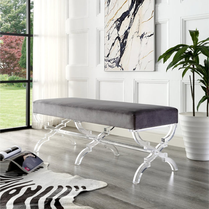 Laris Velvet Upholstered Bench-Modern Acrylic X-Leg-Living Room, Entryway, Bedroom-Inspired Home Image 1
