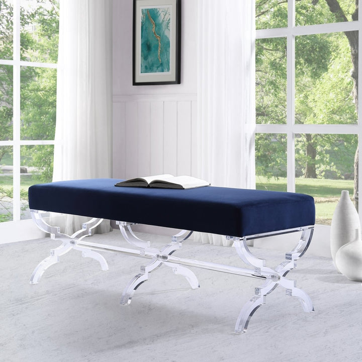 Laris Velvet Upholstered Bench-Modern Acrylic X-Leg-Living Room, Entryway, Bedroom-Inspired Home Image 1