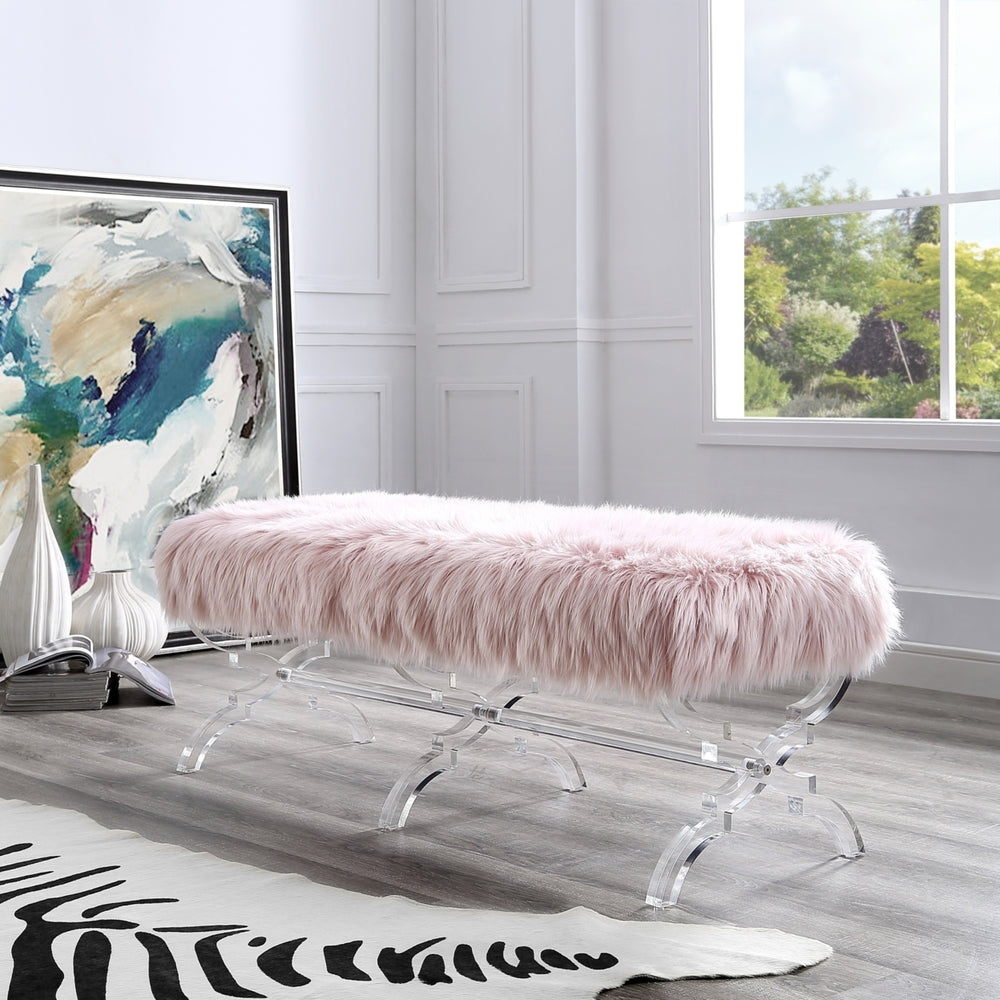Laris Faux faux Bench-Modern Acrylic X-Leg-Upholstered-Living Room, Entryway, Bedroom-Inspired Home Image 2