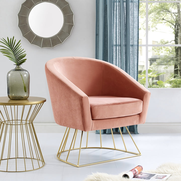 Beatriz Velvet Accent Chair-Gold Metal Base-Barrel Shaped Back-Upholstered Button Tufted-Inspired Home Image 1