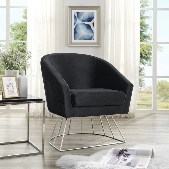 Beatriz Velvet Accent Chair-Gold Metal Base-Barrel Shaped Back-Upholstered Button Tufted-Inspired Home Image 2