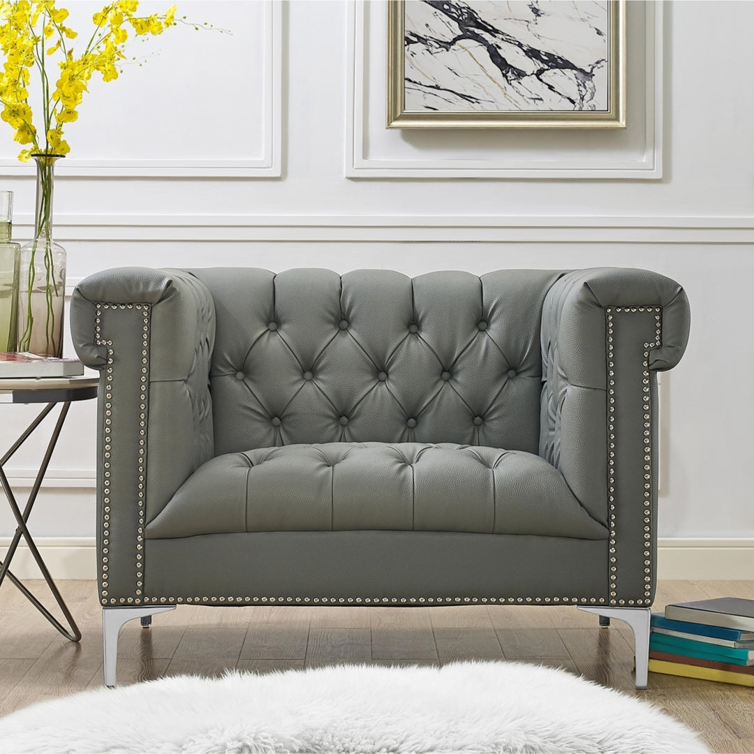Steffi Leather Chesterfield Clubchair-Silver Metal Y-Legs-Button Tufted-Nailhead Trim-Modern-Contemporary-Inspired Home Image 3