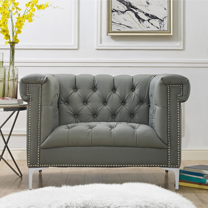 Steffi Leather Club Chair Button Tufted Silver Nailhead Trim Modern Contemporary Image 3