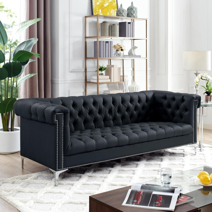 Steffi Leather Chesterfield Sofa-Silver Metal Legs-Button Tufted-Nailhead Trim-Modern-Livingroom-Inspired Home Image 1