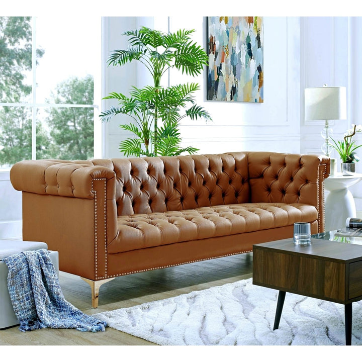 Steffi Leather Chesterfield Sofa-Silver Metal Legs-Button Tufted-Nailhead Trim-Modern-Livingroom-Inspired Home Image 2