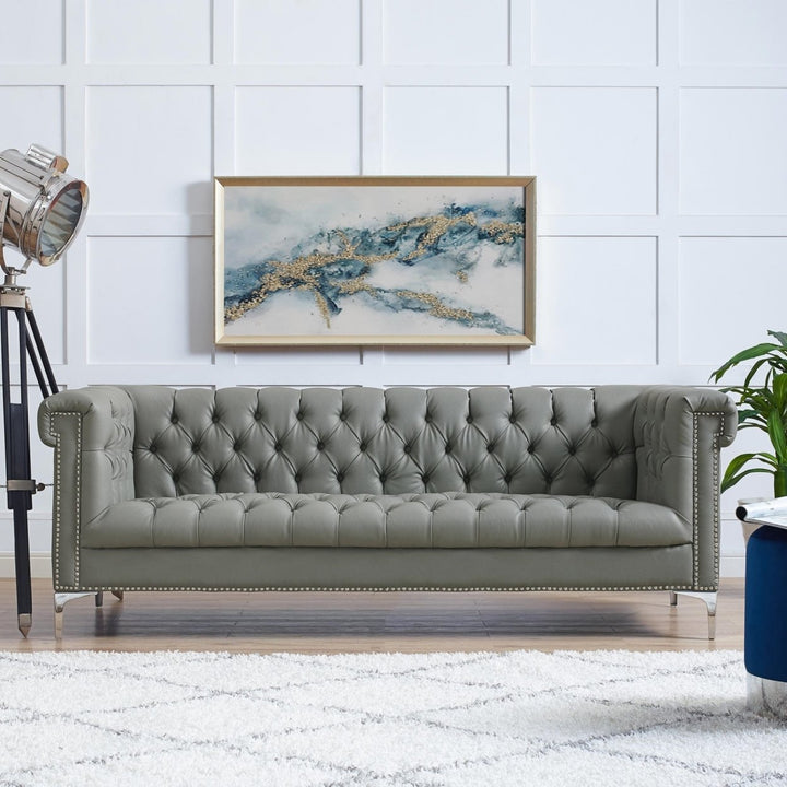 Steffi Leather Chesterfield Sofa-Silver Metal Legs-Button Tufted-Nailhead Trim-Modern-Livingroom-Inspired Home Image 3