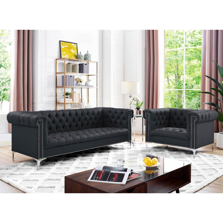 Steffi Leather Chesterfield Sofa-Silver Metal Legs-Button Tufted-Nailhead Trim-Modern-Livingroom-Inspired Home Image 5