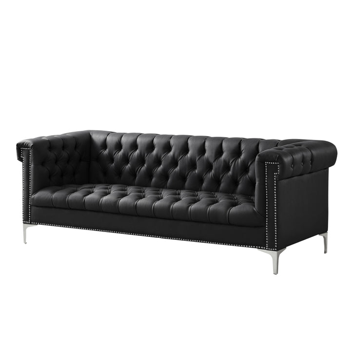 Steffi Leather Chesterfield Sofa-Silver Metal Legs-Button Tufted-Nailhead Trim-Modern-Livingroom-Inspired Home Image 7
