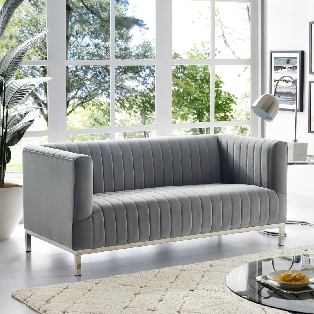 Franco Velvet Tuxedo Loveseat-Chrome Y-Legs-Stainless Steel-Line Stitch-Modern-Contemporary-Inspired Home Image 1