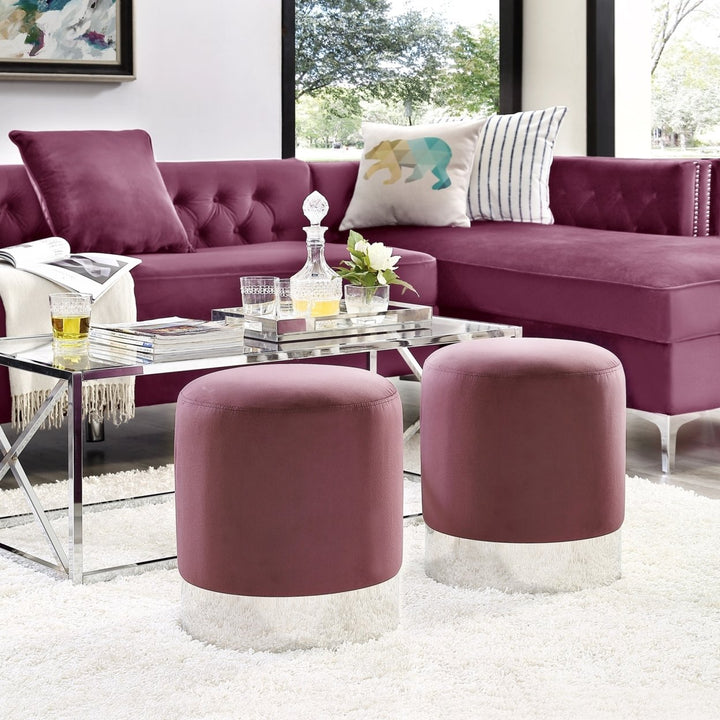 Eleanor Velvet Round Ottoman-Metal Base-Upholstered-Modern-Contemporary-Inspired Home Image 1