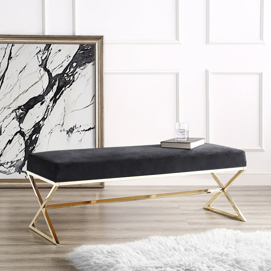 Liam Velvet Upholstered Bench-Stainless Steel Legs-Living-room, Entryway, Bedroom-Inspired Home Image 1