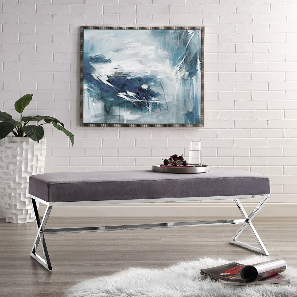Liam Velvet Upholstered Bench-Stainless Steel Legs-Living-room, Entryway, Bedroom-Inspired Home Image 2