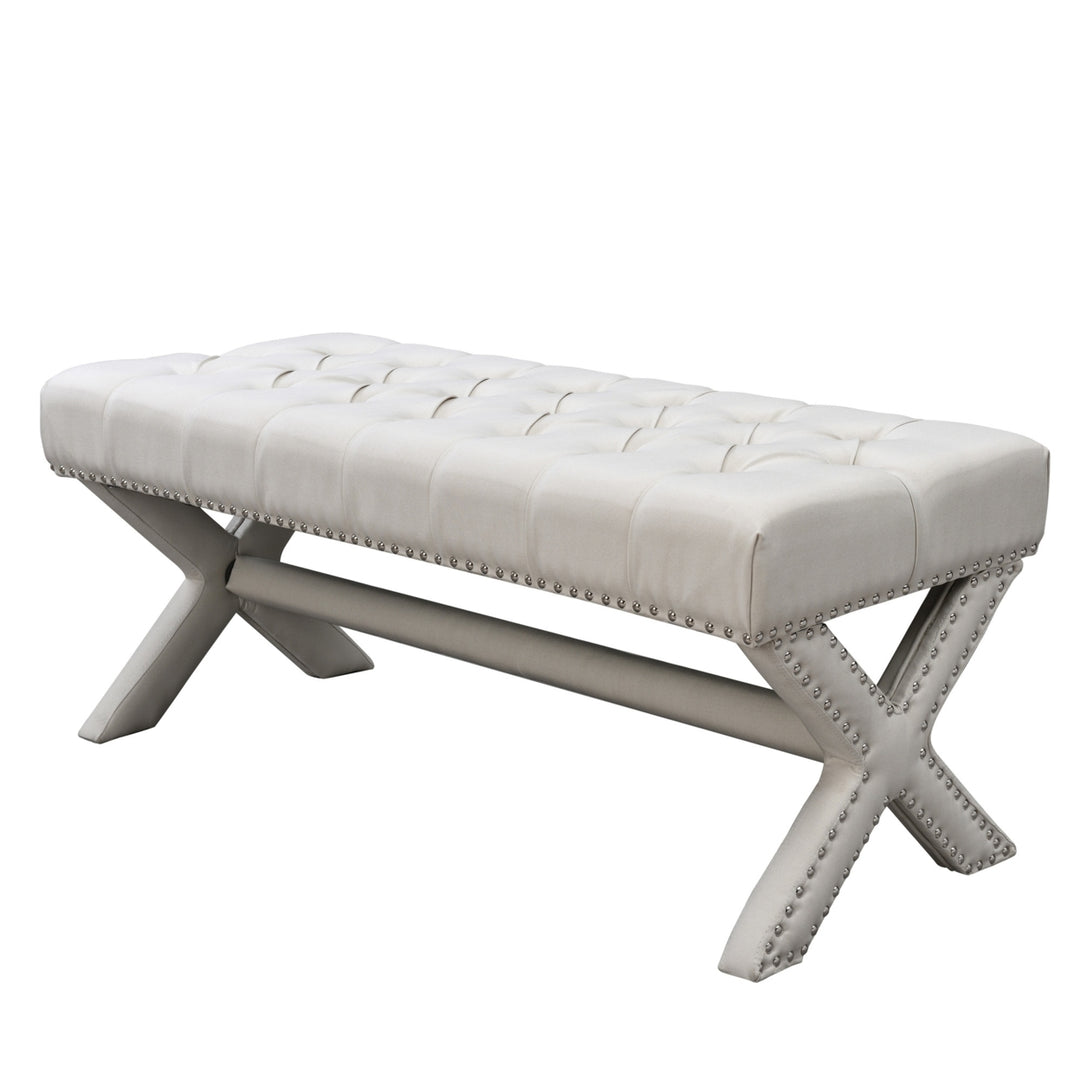 Jacqueline Linen Button Tufted Bench-Silver Nailhead Trim- X-Legs-Upholstered Image 4