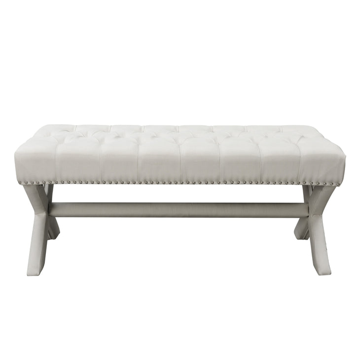 Jacqueline Linen Button Tufted Bench-Silver Nailhead Trim- X-Legs-Upholstered Image 5
