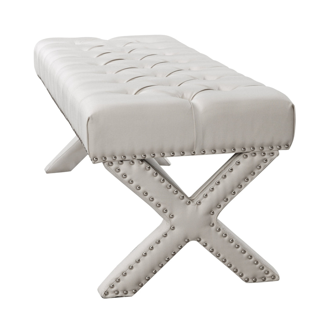 Jacqueline Linen Button Tufted Bench-Silver Nailhead Trim- X-Legs-Upholstered Image 6