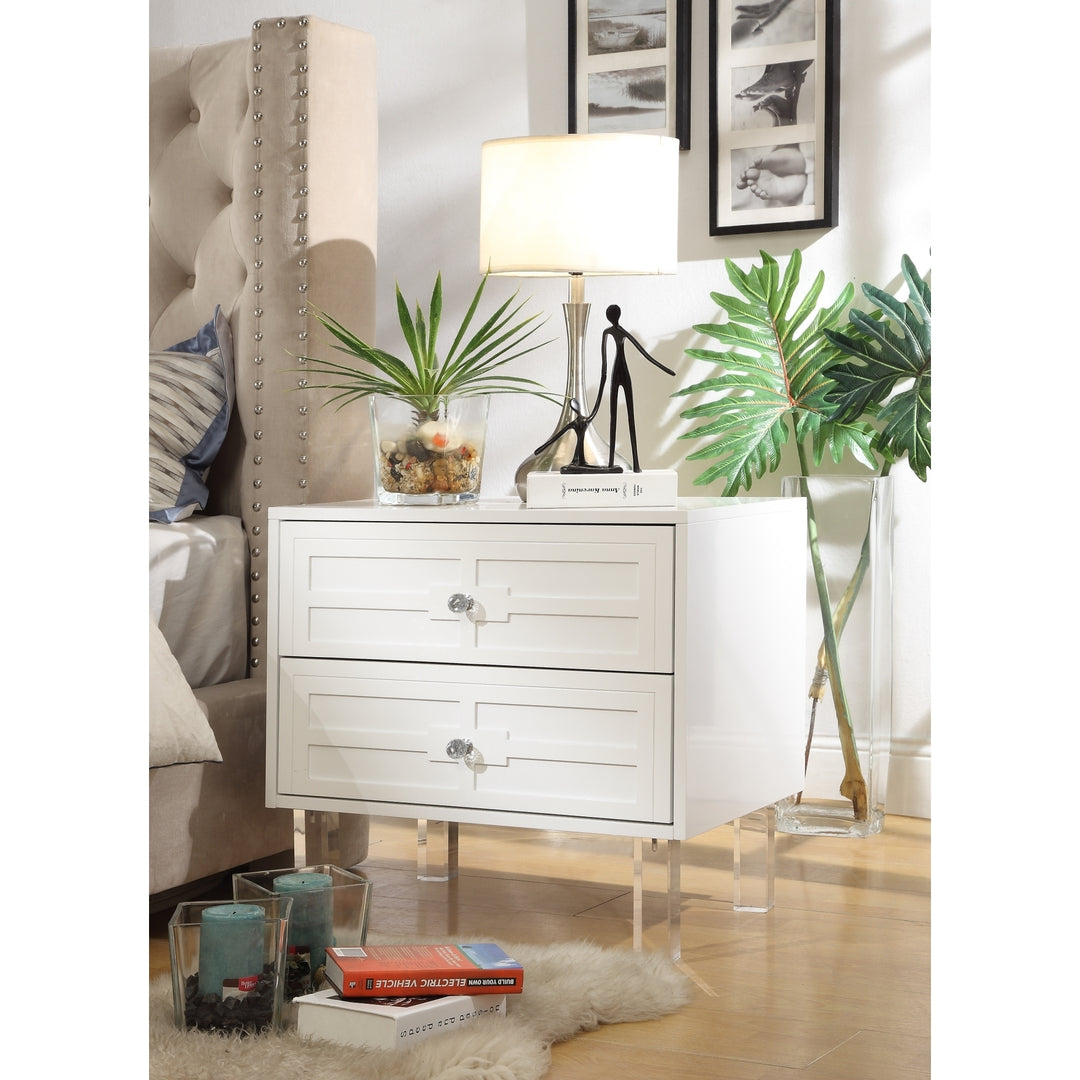 Maya MDF Wood Lacquer-2 Drawers-Finish Lucite Leg-Side Table-Nightstand-Modern and Functional by Inspired Home Image 1