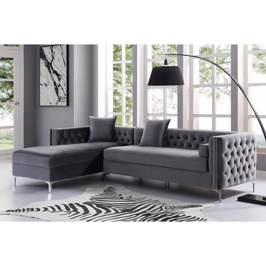 Alison Velvet Chaise Sectional Sofa-115"-Storage-Button Tufted-Nailhead Trim-Inspired Home Image 1