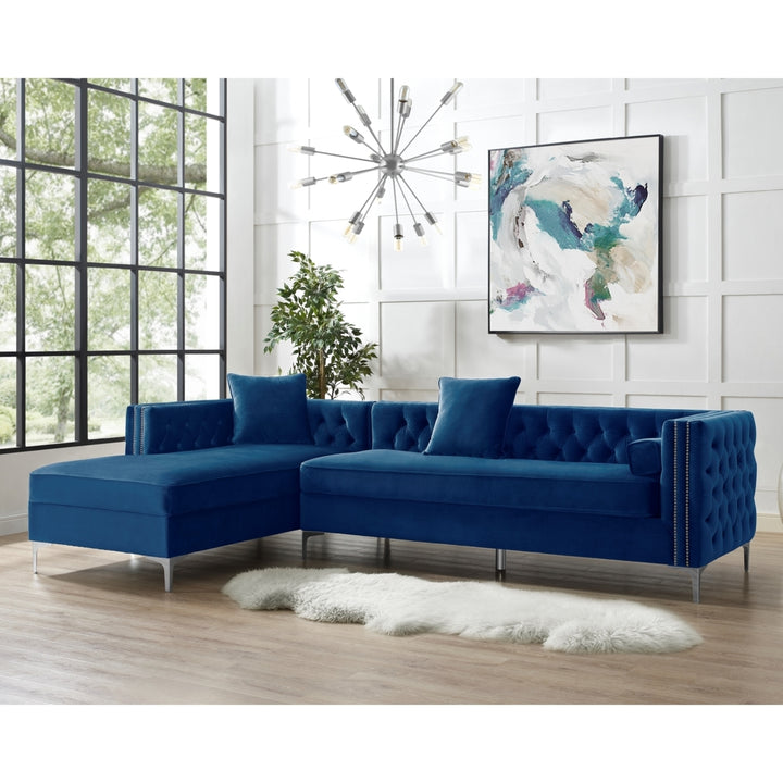 Alison Velvet Chaise Sectional Sofa 115 inch Storage Button Tufted Nailhead Trim Image 2