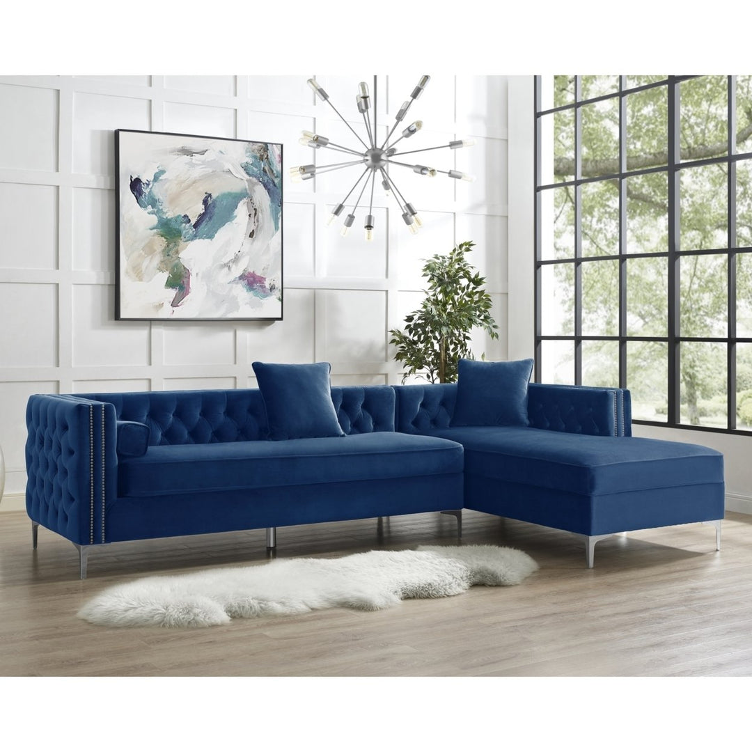 Alison Velvet Chaise Sectional Sofa 115 inch Storage Button Tufted Nailhead Trim Image 5