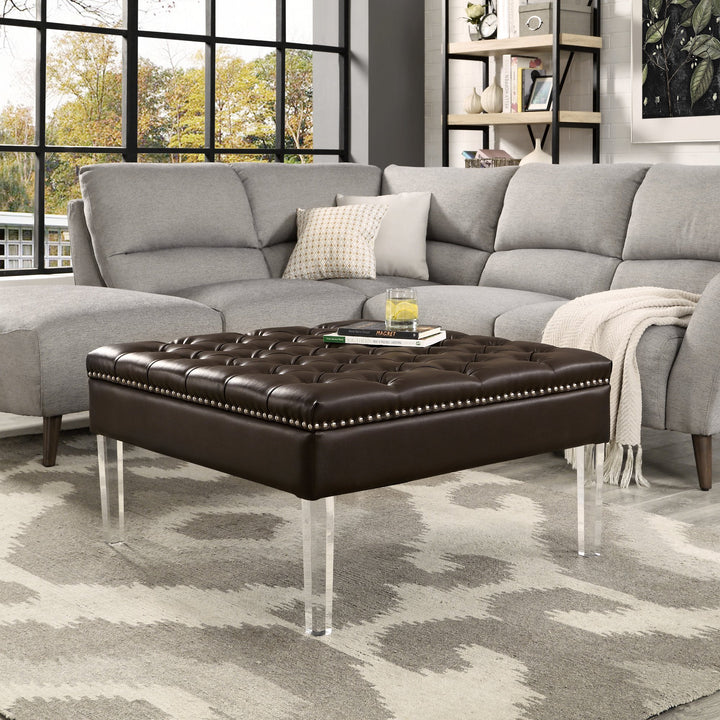 Claretta PU Leather Square Ottoman Coffee Table Modern Acrylic Legs 35"x35" Image 1