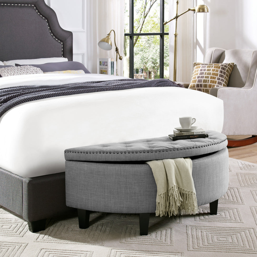 Inspired Home Half Moon Storage Ottoman Linen Velvet Tufted Nailhead 43.9in Image 3