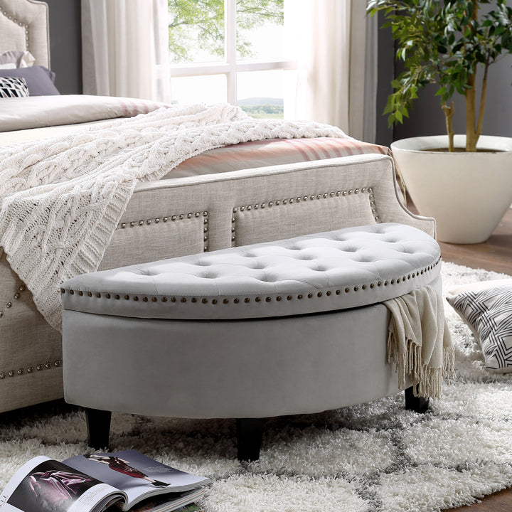 Inspired Home Half Moon Storage Ottoman Linen Velvet Tufted Nailhead 43.9in Image 5